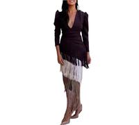 Vestidos Formales Elegantes con borlas Empalmadas for Mujer, Vestidos Ajustados Sexis Cuello en V Profundo, Vestido de Noche Manga Larga otoño Liso para Boda, Bola, Fiesta(Coffee,XL)