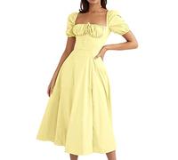 Vestidos franceses de primavera y verano de Europa y Estados Unidos para mujer, vestido largo de manga fina sin tirantes con cordones y abertura, amarillo, L