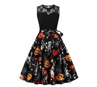 Vestidos Halloween Mujer, Disfraces De Halloween, Cuello Bajo Estilo Hepburn Ensangrentado Retro Patrón Empalme Pullover Falda Oscuro Diablo Bruja Carnaval Fiesta Festival Temáticas Baile Vestidos