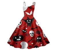 Vestidos Halloween Mujer, Disfraces De Halloween, Cuello Bajo Sin Manga con Divertidos Patrón Impreso Plisada Tirantes Disfraz Zombie Divertidos Diablo Bruja Cosplay Carnaval Temáticas Vestidos
