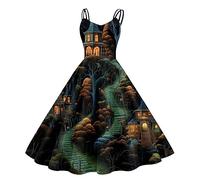 Vestidos Halloween Mujer, Disfraz Halloween Mujer, Cuello Bajo Estilo Hepburn Ensangrentado Retro Patrón Empalme Pullover Falda Oscuro Diablo Bruja Carnaval Fiesta Festival Temáticas Baile Vestidos