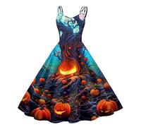 Vestidos Halloween Mujer, Disfraz Halloween Mujer, Cuello Bajo Sin Manga con Divertidos Patrón Impreso Plisada Tirantes Disfraz Zombie Divertidos Diablo Bruja Cosplay Carnaval Temáticas Vestidos