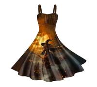 Vestidos Halloween Mujer, Disfraz Halloween Mujer, Cuello Bajo Sin Manga con Divertidos Patrón Impreso Plisada Tirantes Disfraz Zombie Divertidos Diablo Bruja Cosplay Carnaval Temáticas Vestidos
