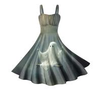 Vestidos Halloween Mujer, Disfraz Halloween Mujer, Cuello Bajo Sin Manga con Divertidos Patrón Impreso Plisada Tirantes Disfraz Zombie Divertidos Diablo Bruja Cosplay Carnaval Temáticas Vestidos