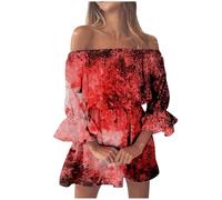 Vestidos Halloween Mujer, Disfraz Halloween Mujer Hombros Descubiertos Mangas 3/4 Bloody Terror Colores Contrastantes Impresión Vestido Cintura Elástica Oscuro Vampiro Diablo Sexy Falda Corta