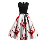 Vestidos Halloween Mujer, Disfraz Halloween Mujer, Hombros Descubiertos Medieval Hepburn Oscuro Retro Impresión Elástica Falda Cintura Alta Gótico Retro Ensangrentado Swing Boda Fiesta Vestidos