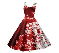 Vestidos Halloween Mujer-Disfraz Halloween Mujer Sin Mangas Tirantes Diseño Retro con Huella De Sangre Corte Relajado Y Tejido Transpirable Swing Vestidos De Fiesta