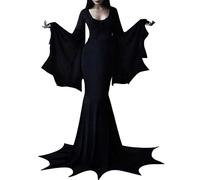 Vestidos Halloween Mujer Disfraz Morticia Addams Mangas Batwing Murcielago Oscuro Corset Mujer Sexy Cuello Bajo Vestido Medieval Reina Manga Larga Traje para Mascarada Cosplay Vampiro