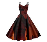 Vestidos Halloween Mujer, Vestido Audrey Hepburn, Cuello Bajo Sin Manga con Divertidos Patrón Impreso Plisada Tirantes Disfraz Zombie Divertidos Diablo Bruja Cosplay Carnaval Temáticas Vestidos