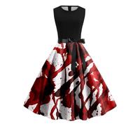 Vestidos Halloween Mujer, Vestido Audrey Hepburn, Cuello Bajo Sin Manga con Divertidos Patrón Impreso Plisada Tirantes Disfraz Oscuro Diablo Bruja Carnaval Fiesta Festival Temáticas Baile Vestidos