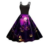Vestidos Halloween Mujer, Vestido Audrey Hepburn, Cuello Bajo Sin Manga con Divertidos Patrón Impreso Plisada Tirantes Disfraz Oscuro Diablo Bruja Carnaval Fiesta Festival Temáticas Baile Vestidos