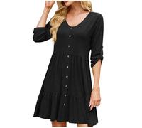Vestidos holgados con cuello en V para mujer, manga corta hasta el codo, longitud a la rodilla, fruncidos, básico, verano, otoño 2025, P-895 Negro, XXL