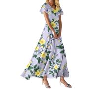 Vestidos Invitada Boda, Vestido Fiesta Mujer Elegante Vestido Invitada Boda Primavera Elegante Vestidos Largo De Manga Corta con Cuello En V Y Estampado Floral para Mujer Corte En A Estilo Veraniego