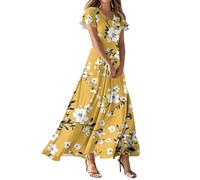 Vestidos Invitada Boda, Vestido Vaquero Mujer Verano Vestidos De Verano para Mujer Vestido Largo Elegante De Manga Corta con Cuello En V Y Estampado Floral para Estilo Playero Fluido con Vuelo Corte