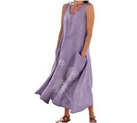 Vestidos Largo Mujer Algodón y Lino Vestido sin Manga 2024 Verano Basico Casual Cuello Redondo Vestidos Bolsillos Estampado Elegante Cómodo Playa Transpirable Ligero Talla Grande