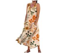 Vestidos Largo Mujer Algodón y Lino Vestido Verano Basico Casual Vestidos Cuello Redondo Vestidos Color sólido Elegante Vestido sin Manga Cómodo Playa Talla Grande(Beige-c,3XL)