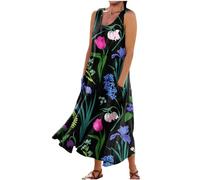 Vestidos Largo Mujer Algodón y Lino Vestido Verano Basico Casual Vestidos Cuello Redondo Vestidos Color sólido Elegante Vestido sin Manga Cómodo Playa Talla Grande(Negro-a,3XL)