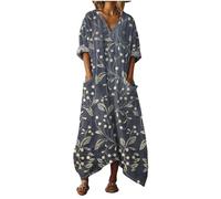 Vestidos Largo Mujer Verano de Fiesta Elegantes Lino Algodón Cuello V Manga 3/4 Estilo Vintage Estampado Étnico Geométrico Vestido Playeros Sueltos Casual Talla Grande Dress con Bolsillos Ropa Playa