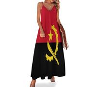 Vestidos Largo para Mujer Vestido Sin Manga con Tirantes Finos Verano Impresión Bandera Angoleña Nacional Patriótica Vestidos Cuello En V Fiesta Playa Suelto Vestido De Noche Vacaciones, Rojo
