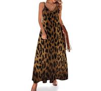 Vestidos Largo para Mujer Vestido Sin Manga con Tirantes Finos Verano Impresión Leopardo Salvaje Animal Africano Vestidos Cuello En V Fiesta Playa Suelto Vestido De Noche Vacaciones, Marrón