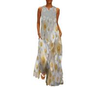 Vestidos Largo para Mujer Vestido Sin Manga Verano Impresión Margarita Acuarela Natural Planta Elegante Bolsillos Casual Vestidos Cuello En V Fiesta Playa Suelto Vestido De Noche Vacaciones, Beige