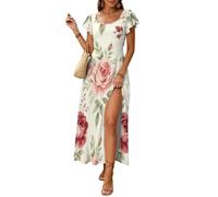 Vestidos Largo Verano Mujer Acuarela Retro Maxi Vestido Elegante Manga Volantes Rosas Rojas con Motivos Florales Vestido de Noche Cuello Cuadrado con Abertura para Fiesta Vacaciones