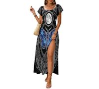 Vestidos Largo Verano Mujer Ocultismo Oscuro Maxi Vestido Elegante Manga Volantes La Caja De Pandora De La Polilla Vestido de Noche Cuello Cuadrado con Abertura para Fiesta Vacaciones