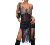 Vestidos Largos con Flecos de Pedrería para Mujer Vestido Sin Mangas y Sin Espalda Falda Sexy Transparente y Brillante(L)