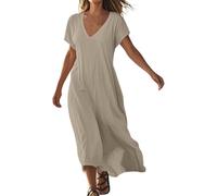 Vestidos Largos De Fiesta-Vestido Informal Holgado De Lino con Cuello En V Y Manga Corta para Mujer, Color Liso, CóModo para El DíA A DíA. Vestidos De Mujer Cortos Sexy