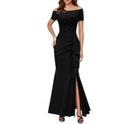 Vestidos largos de novia con hombros descubiertos para mujer, vestidos largos de satén fruncido, vestido formal de noche con abertura PU173, Negro, XL