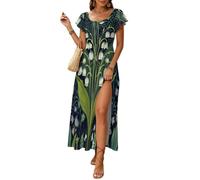 Vestidos Largos Verano Mujer Lirio De Valle De Época Vestido Playa Manga Volante Cuello Cuadrado Maxi Vestido de Playa Chica del Bosque con Espalda e Abertura S-5XL