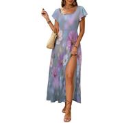 Vestidos Largos Verano para Mujer Jardín De Ensueño Vestidos Cuello Cuadrado Dividido Cosmos Y Flores Silvestres Vestido Mangas con Volantes A-Line para Fiesta en la Playa Vacaciones
