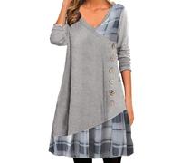 Vestidos ligeros con Estampado de Cuadros y Botones Decorados, Manga Larga, Cuello en V y Patchwork Vestidos Elegantes Largos, Light Gris, XXXL