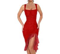 Vestidos Midi Ajustados con Pliegues Sexis para Mujer, Cuello Cuadrado, sin Mangas, con Dobladillo con Volantes, Vestido sin Mangas para Fiesta y Club (Rojo,M)