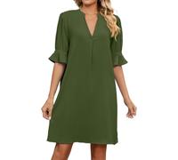 Vestidos Midi con Escote En V para Mujer Vestido De Manga Corta con Volantes Vestido Casual hasta La Rodilla Vestido De Verano Liso Pareo Ligero Y Holgado para La Playa Ropa De Uso Diario Verde Mili