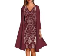 Vestidos Midi con Escote en V para Mujer Vestidos de Dos Piezas Formales de Fiesta Vestidos de Noche Elegantes de Gasa flotantes de Flores Bohemias Vestidos de Novia (Rojo,3XL)