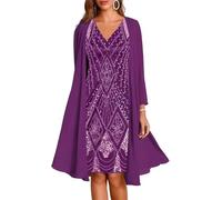 Vestidos Midi con Escote en V para Mujer Vestidos de Dos Piezas Formales de Fiesta Vestidos de Noche Elegantes de Gasa flotantes de Flores Bohemias Vestidos de Novia (Púrpura,XL)