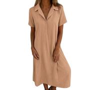 Vestidos midi para mujer 2025, estilo casual, para primavera y verano, holgados, de manga corta, cuello en V, color sólido, de algodón y lino, vestidos midi para mujer, naranja, M