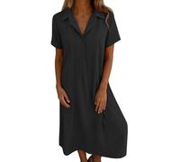 Vestidos midi para mujer 2025, estilo casual, para primavera y verano, holgados, de manga corta, cuello en V, color sólido, de algodón y lino, vestidos midi para mujer, Negro, L
