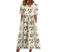 Vestidos midi para mujer, manga del Reino Unido, cuello redondo, vestido casual largo de playa con bolsillos, caqui, 3XL