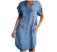 Vestidos Mujer 2022 Moda Jeans Vestido Verano Manga Corta Ajustado Denim Midi Vestido Abotonado Camisas De Mezclilla Vestido Azul XL