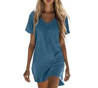 Vestidos Mujer Primavera, Vestidos Femininos Largos Mujer Vestido Casual De Algodón Y Lino De Color Liso para Vestido Camisero Manga Corta con Cuello En V Tipo Camiseta Holgado hasta La Rodilla