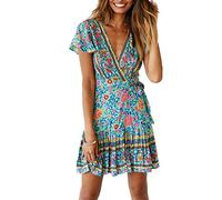 Vestidos Mujer Verano, Morbuy Bohemia Flora Imprimir Casual Manga Corta Cuello V Vestidos Plisada y Estilo Nacional de Cortos Vestidos para Fiesta Playa Elegante