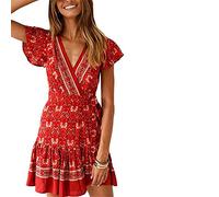 Vestidos Mujer Verano, Morbuy Bohemia Flora Imprimir Casual Manga Corta Cuello V Vestidos Plisada y Estilo Nacional de Cortos Vestidos para Fiesta Playa Elegante