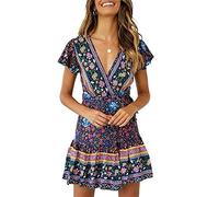 Vestidos Mujer Verano, Morbuy Bohemia Flora Imprimir Casual Manga Corta Cuello V Vestidos Plisada y Estilo Nacional de Cortos Vestidos para Fiesta Playa Elegante