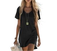 Vestidos Mujer Verano, Vestido Mujer Casual Vestido Fiesta Vestidos Casual De Algodón Y Lino De Color Liso para Camisero Manga Corta con Cuello En V Tipo Camiseta Holgado hasta La Rodilla Túnica A La