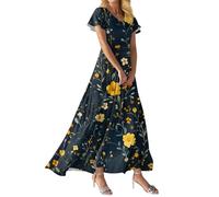 Vestidos Mujer Verano, Vestidos Playeros Mujer Vestido Largo Elegante Vestido Largo De Manga Corta con Cuello En V Y Estampado Floral para Corte En A Estilo Veraniego Cintura Alta Fiesta