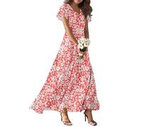 Vestidos Mujer, Vestido De Invitada De Comunion Vestido Manga Larga Mujer Vestidos Largo Elegante Manga Corta con Cuello En V Y Estampado Floral para Estilo Bohemio Verano Ideal para La Playa Ligero