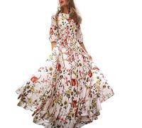 Vestidos Mujer Vestido Maxi Casual de Mujer con Estampado Floral y Manga Giratoria para Vacaciones Estilo Boho (White, L)