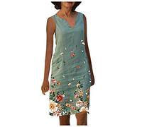 Vestidos Mujer Vintage Verano AlgodóN Lino Vestidos Cortos Tallas Grandes Casual Estampado Floral Cuello Pico hasta La Rodilla Vestido De Playa Elegantes Vestidos Sin Mangas para Abuela Verde M